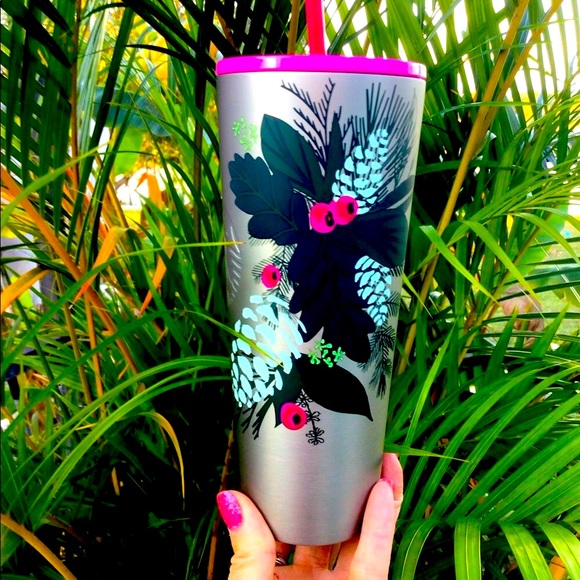 Starbucks Holiday Holly Cold Cup Brushed Silver Stainless Steel Tumbler 24oz New - Picture 1 of 14